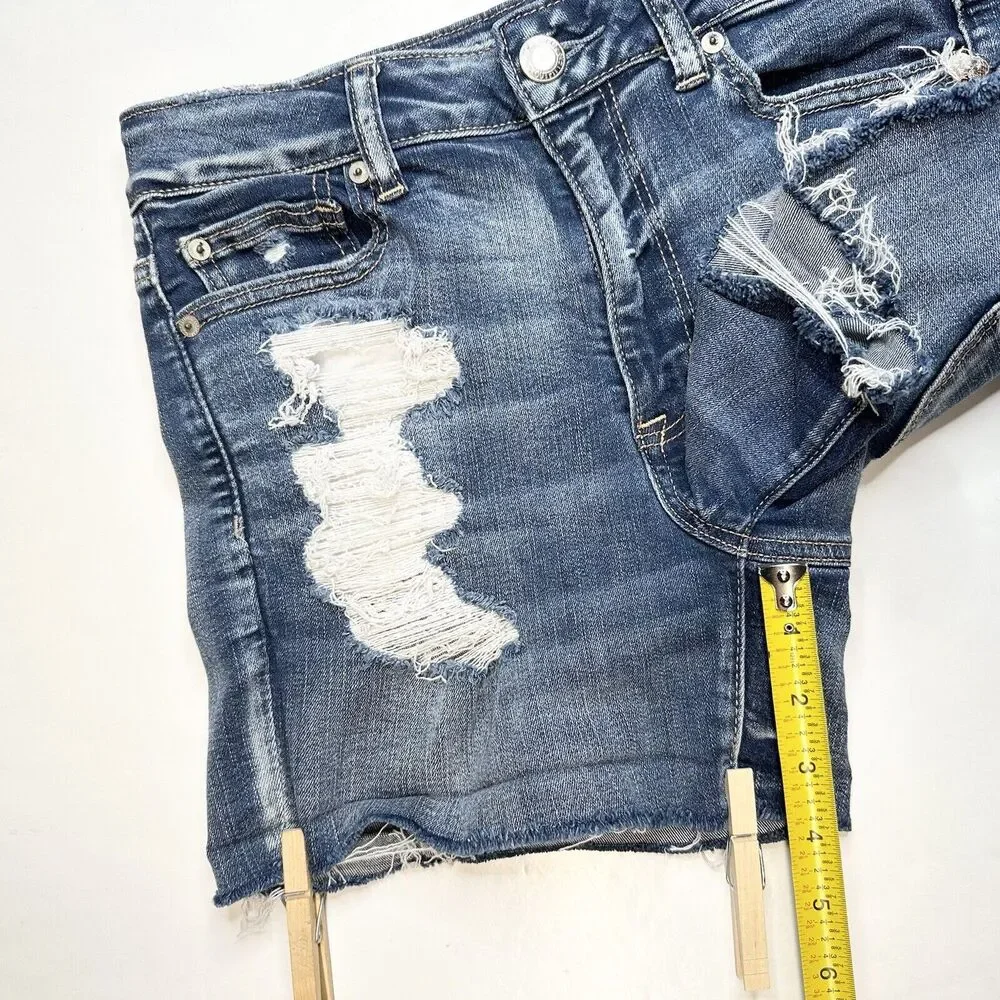 American Eagle Shorts Hi-Rise Shortie 8 Next Level Denim Jean Distress EUC